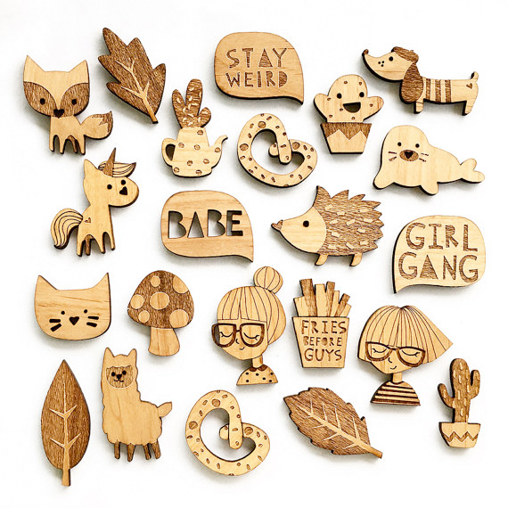 set of wooden brooches by hello miss may from etsy